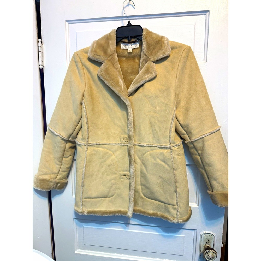 Jones New York Faux Shearling Coat Jacket Beige Button Front Women's Size S